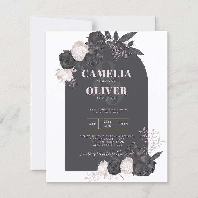 BUDGET Charcoal Grey Pink Roses Wedding INVITE (Front)
