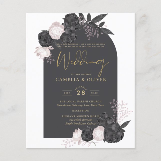 BUDGET Charcoal Grey Pink Roses Wedding INVITE Flyer (Front)