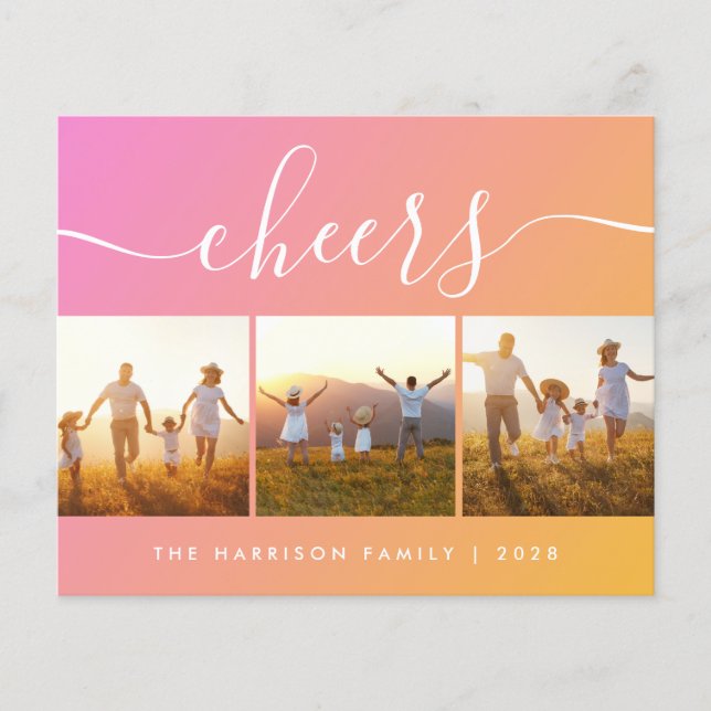 Budget Cheers Orange Pink Photo Holiday Card (Front)