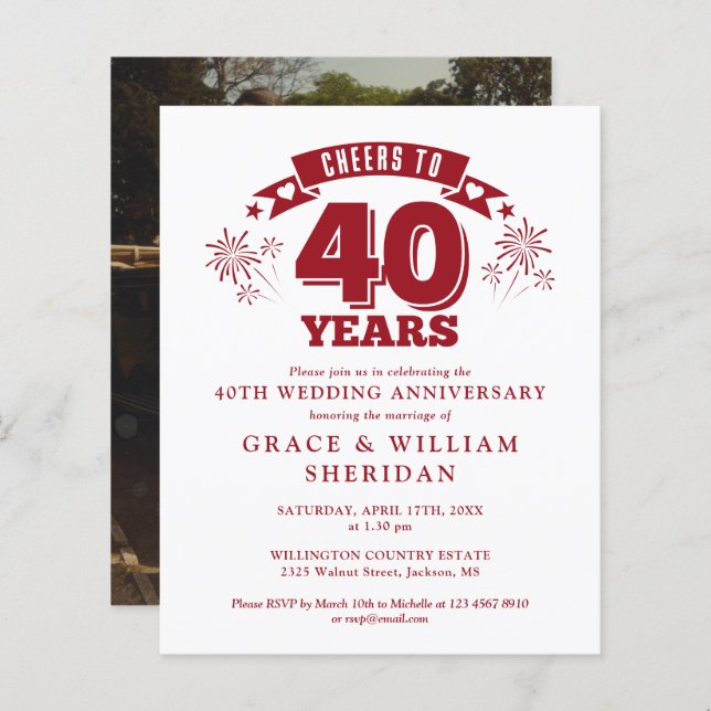 Budget Cheers To 40th Anniversary Photo Invite (Front/Back)
