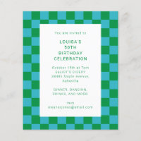 Budget Chequerboard Blue Green Birthday Invitation