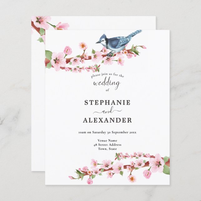 Budget Cherry Blossom Blue Bird QR Wedding Invite (Front/Back)