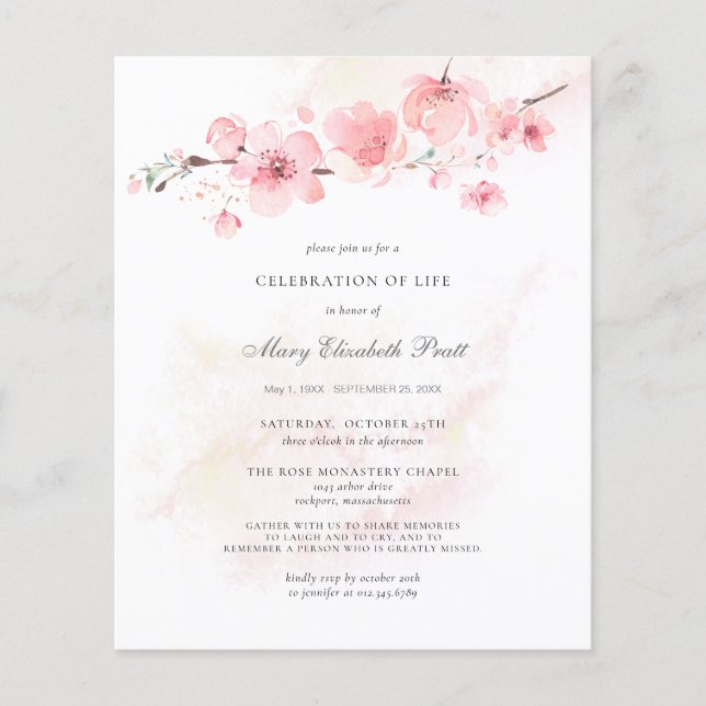 Budget Cherry Blossom Celebration of Life Invite (Front)