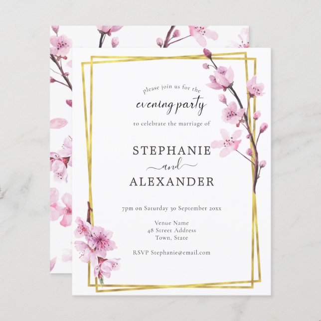 Budget Cherry Blossom & Gold Evening Party Invite (Front/Back)