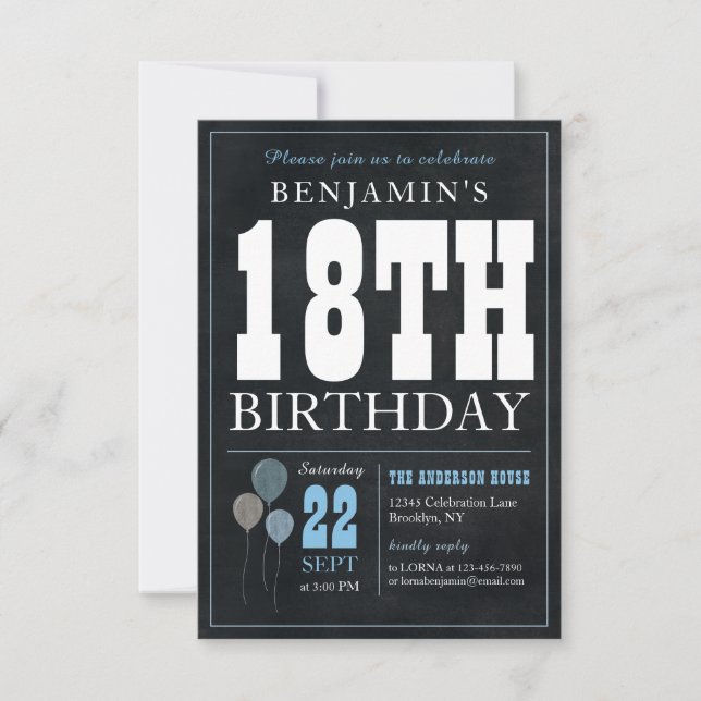 Budget Chic 18th Birthday Chalkboard Blue Balloon Card (Front)