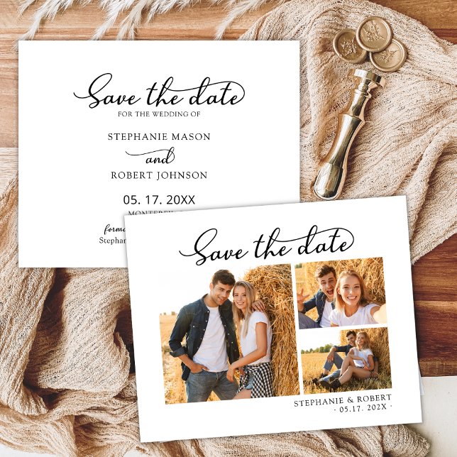 Budget Chic 3 Photo Wedding Save The Date Card (Creator Uploaded)