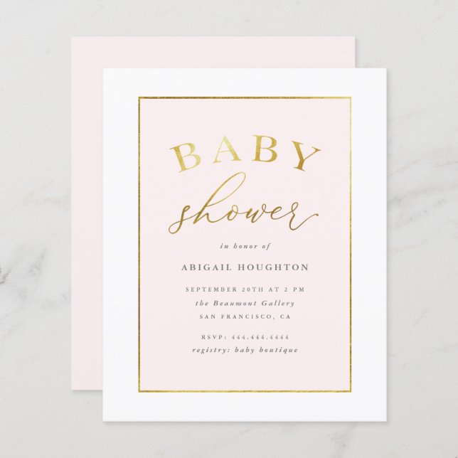 Budget Chic Blush Pink Gold Typography Baby Shower (Front/Back)