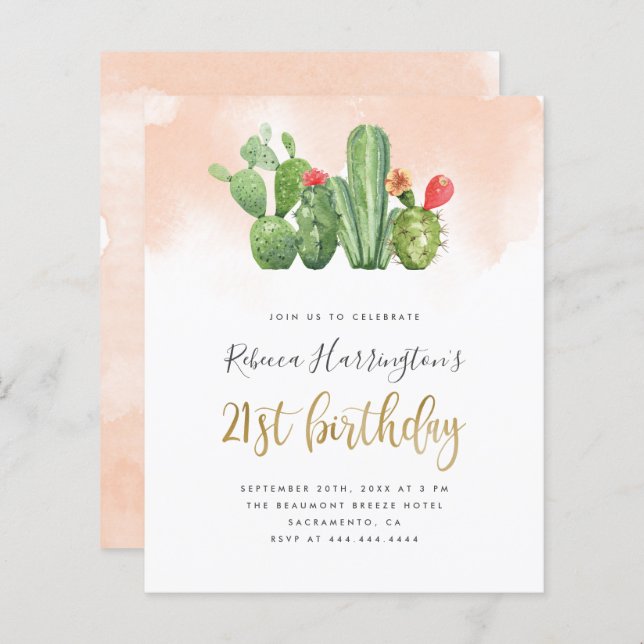 Budget Chic Blush Watercolor Cactus 21st Birthday (Front/Back)