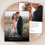Budget Chic Calligraphy 2 Photo Wedding Thank You<br><div class="desc">Budget Modern Boho Chic Hand Lettered Script 2 Photo Wedding Thank You personalised affordable low budget THIN card. Stylish wedding thank you card template featuring a full vertical photo on the front with overlay text "Thank You" in a swirly hand written typography or calligraphy script font with swashes overlay in...</div>