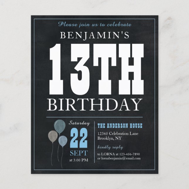 Budget Chic Chalkboard Blue Balloon 13th Birthday (Front)