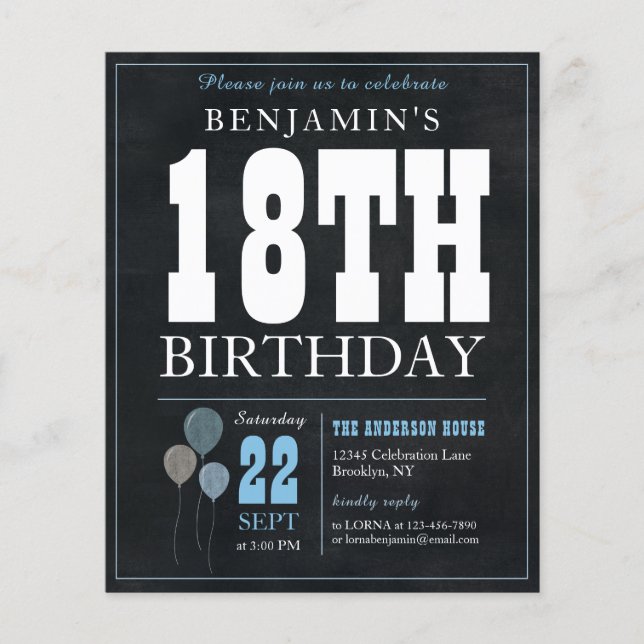 Budget Chic Chalkboard Blue Balloon 18th Birthday (Front)