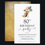 Budget Chic Floral Gold High Heels 80th Birthday<br><div class="desc">Modern Elegant Gold Tropical Floral Gold High Heels 80th Birthday Party Invitation featuring our glamourous glitzy watercolor gold high heel surrounded by pink and green tropical flowers. The background is a luxurious watercolor gold wash. Easy to customise with your information for a simply elegant birthday party invitation. **Our BUDGET paper...</div>