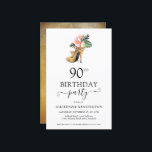 Budget Chic Floral Gold High Heels 90th Birthday<br><div class="desc">Modern Elegant Gold Tropical Floral Gold High Heels 90th Birthday Party Invitation featuring our glamourous glitzy watercolor gold high heel surrounded by pink and green tropical flowers. The background is a luxurious watercolor gold wash. Easy to customise with your information for a simply elegant birthday party invitation. **Our BUDGET paper...</div>