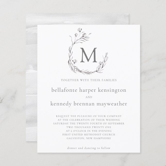BUDGET Chic Grey White Watercolor Floral Wedding (Front/Back)