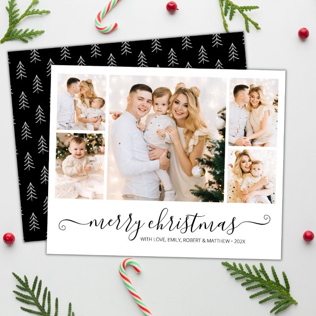 Budget Chic Script 5 Photo Collage Christmas Card (Creator Uploaded)