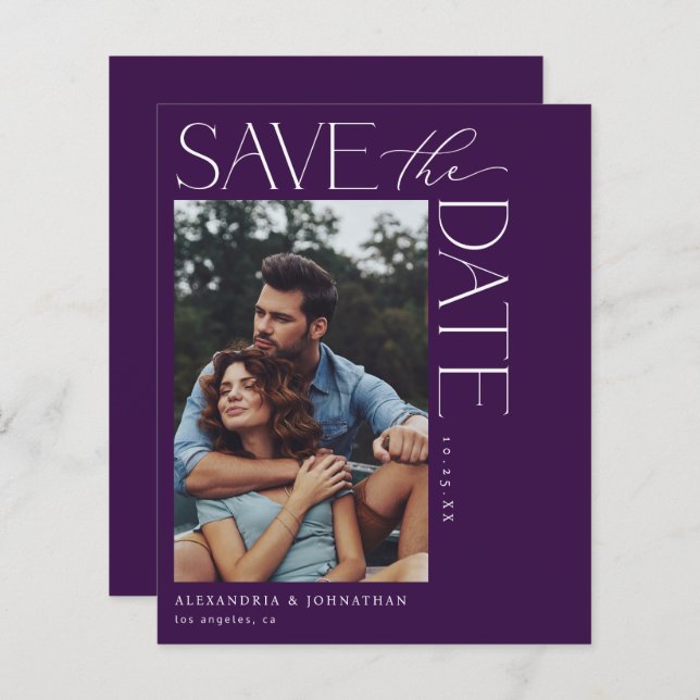 Budget Chic Stylish Mod Photo Save the Date 2 Purp (Front/Back)
