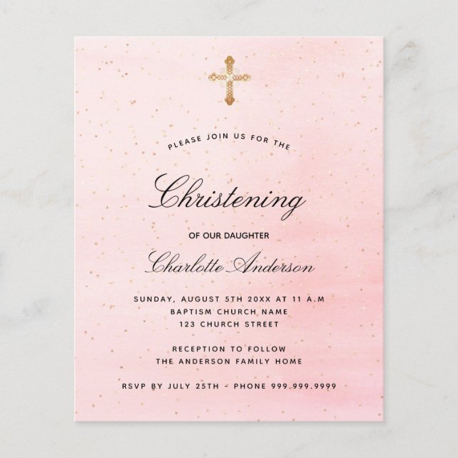 Budget christening blush pink gold girl invitation (Front)