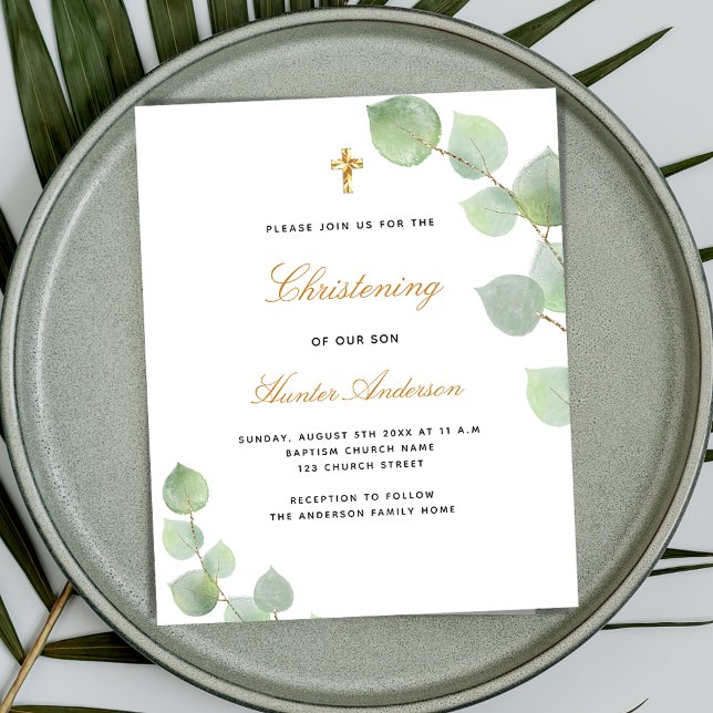 Budget christening eucalyptus gold blue invitation (Creator Uploaded)