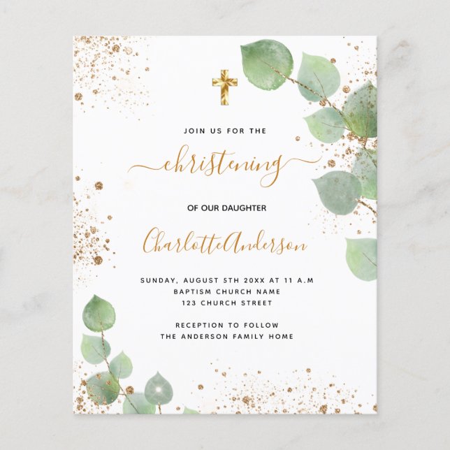Budget christening eucalyptus gold invitation (Front)