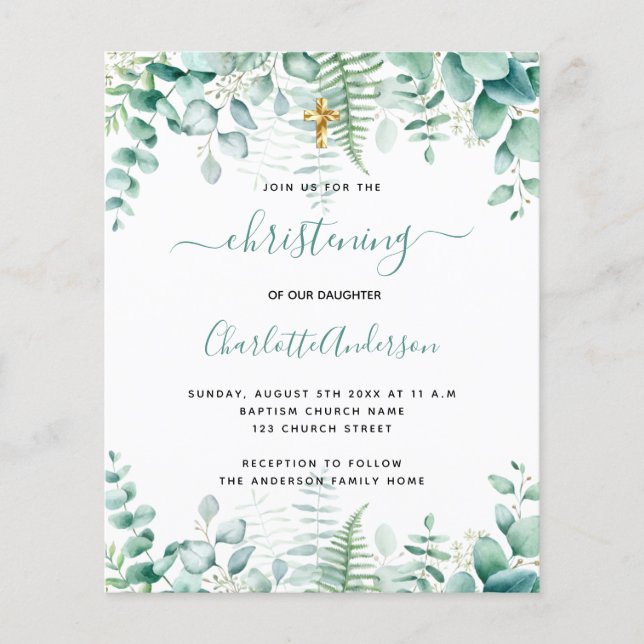 Budget christening eucalyptus greenery invitation (Front)