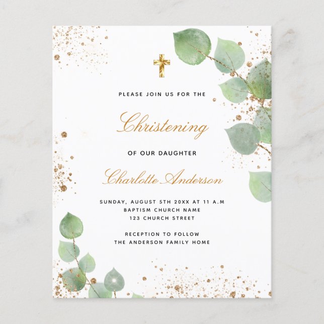 Budget christening eucalyptus script invitation (Front)
