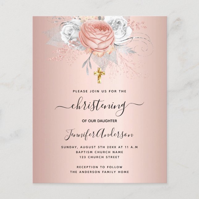 Budget christening rose gold florals invitation (Front)