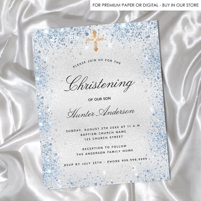 Budget christening silver blue boy invitation (Creator Uploaded)