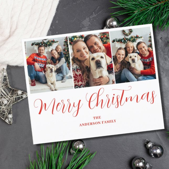 Budget Christmas 3 Photo Red Typography Card  (Creator Uploaded)