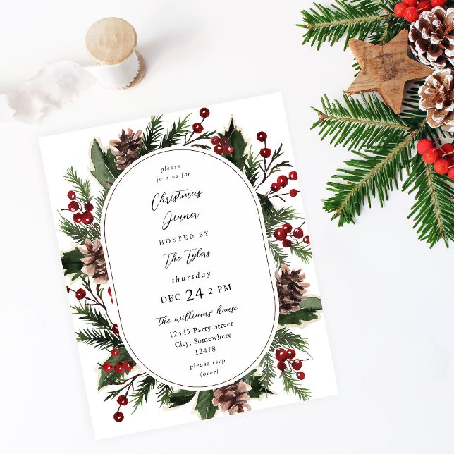 Budget Christmas Berries & Pine Dinner or Party Flyer (Creator Uploaded)