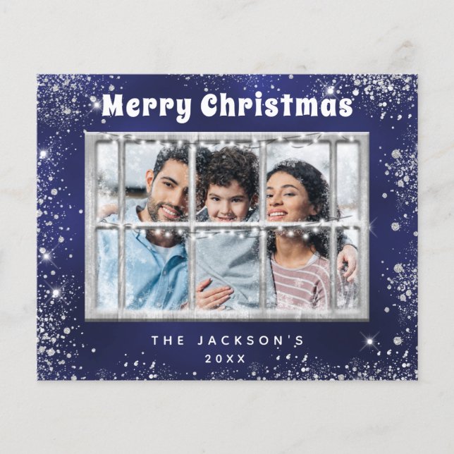 Budget Christmas blue silver photo window card (Front)