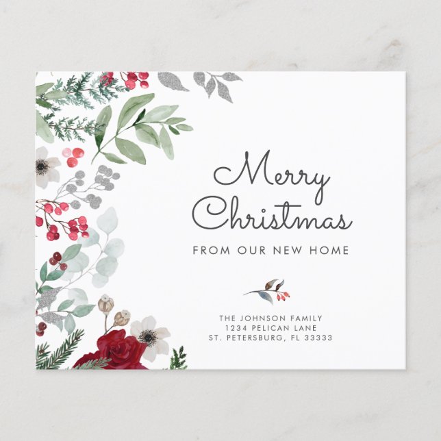Budget Christmas Botanical Floral New Address Card (Front)