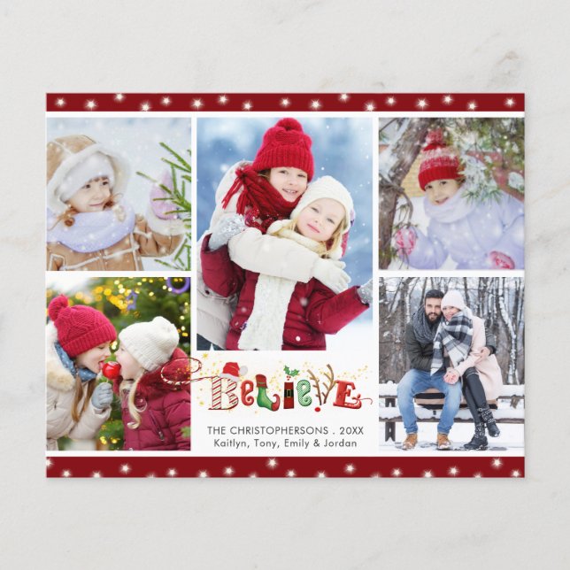 Budget Christmas Cute BELIEVE 5 Photo Holiday Card (Front)