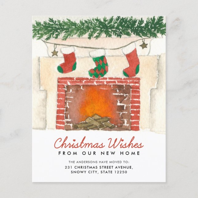 Budget Christmas Fireplace Holiday Moving Card (Front)