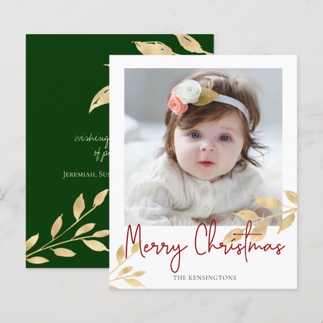 Budget Christmas Gold Leaves Green Holiday Photo (Front/Back)