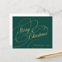 Budget Christmas gold script green holiday Card