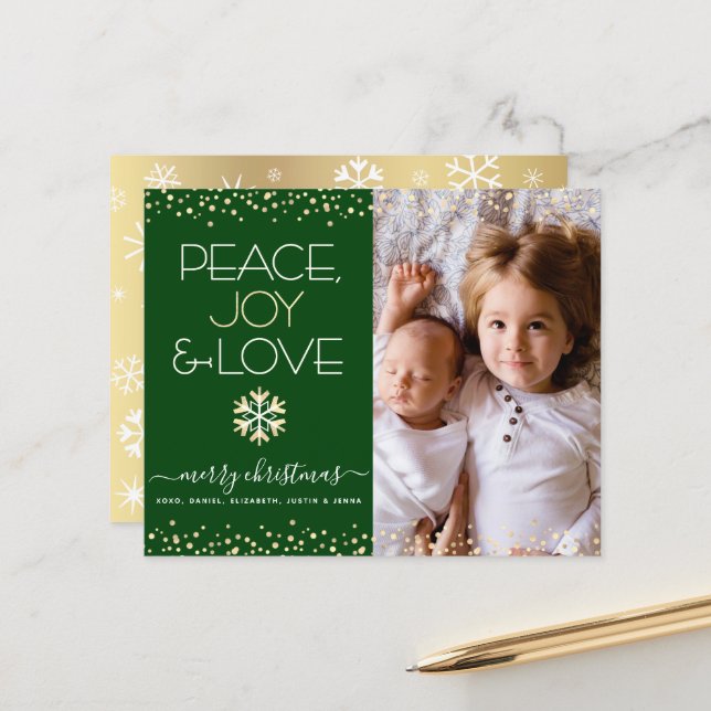 Budget Christmas Green Gold Photo Peace Love Card (Front/Back In Situ)