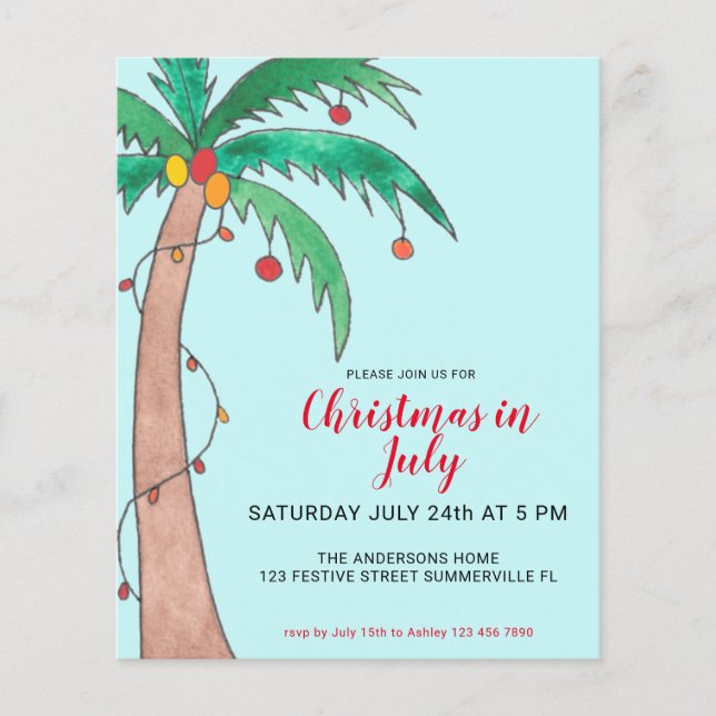 Budget Christmas In July Party Palm Invitation (Front)