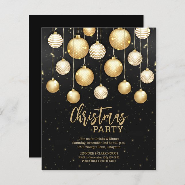 Budget Christmas Ornaments Black and Gold Invites (Front/Back)