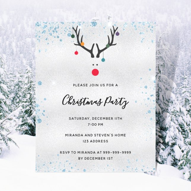 Budget Christmas party reindeer silver invitation (Creator Uploaded)