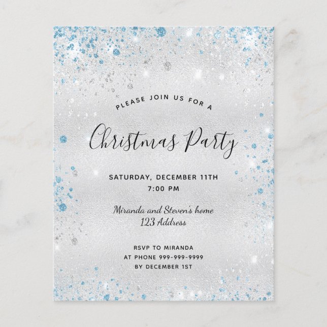 Budget Christmas party silver glitter invitation (Front)
