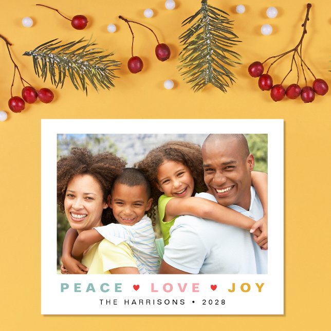 Budget Christmas Peace Love Joy 3 Photo Card (Share the love and warmth of the holiday season with this personalized photo Christmas card)