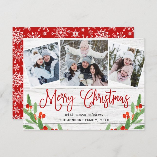 Budget Christmas Rustic 3 PHOTO Greeting Card (Front/Back)
