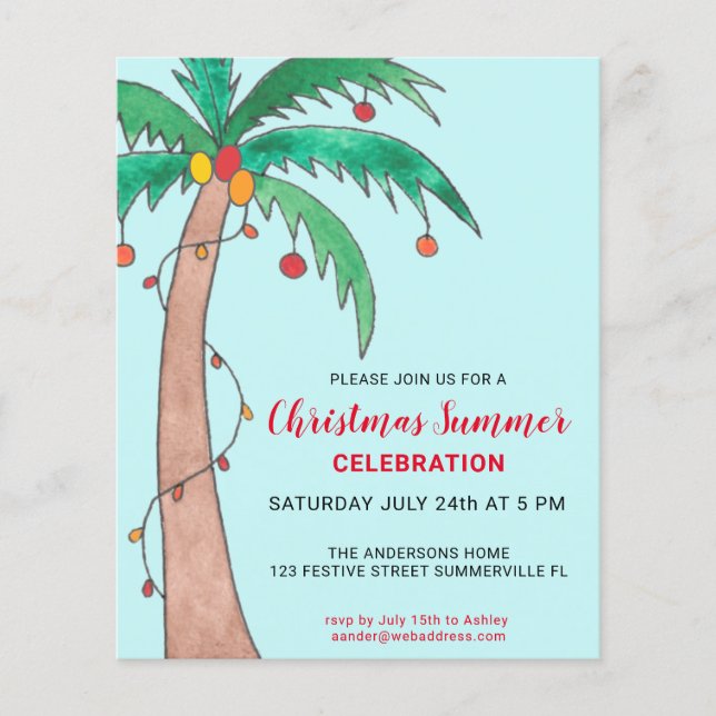 Budget Christmas Summer Party Palm Invitation (Front)