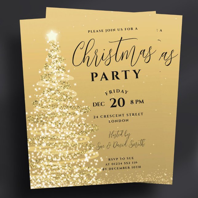 Budget Christmas Tree Party Gold Holiday Invite  (Budget Christmas Tree Party Gold Holiday Invite )