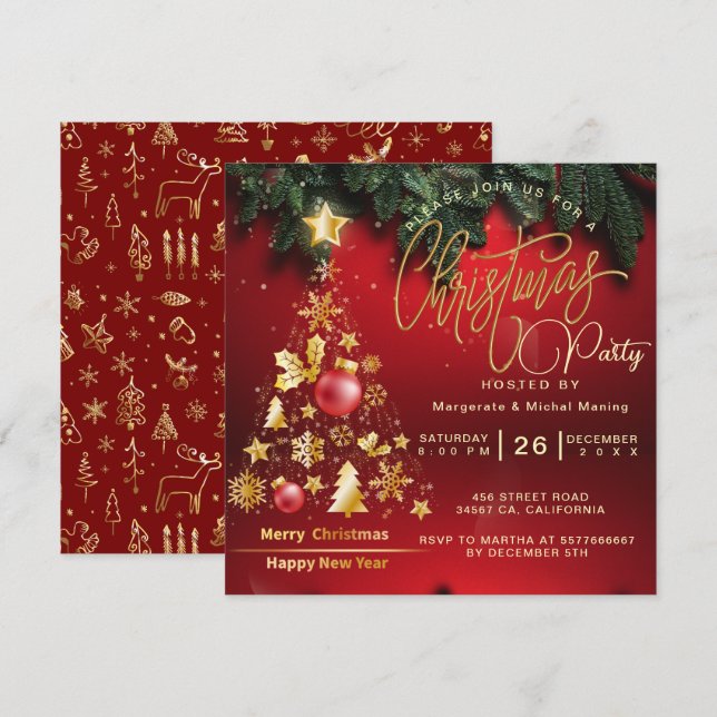 Budget Christmas Tree Party Golden and Red Invitation (Front/Back)