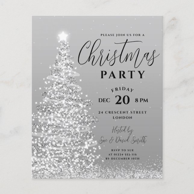 Budget Christmas Tree Party Silver Holiday Invite Flyer (Front)