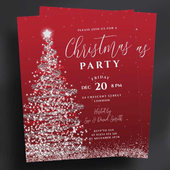 Budget Christmas Tree Silver Red Holiday Invite  (Budget Christmas Tree Silver Red Holiday Invite )