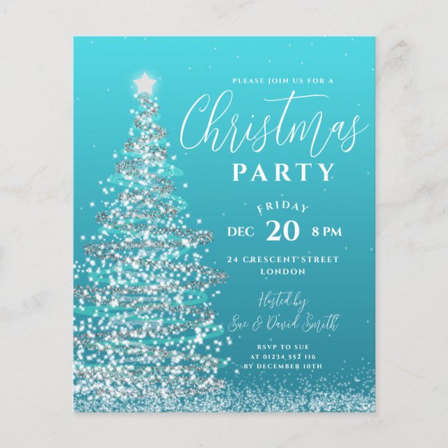 Budget Christmas Tree Silver Teal Holiday Invite Flyer (Front)