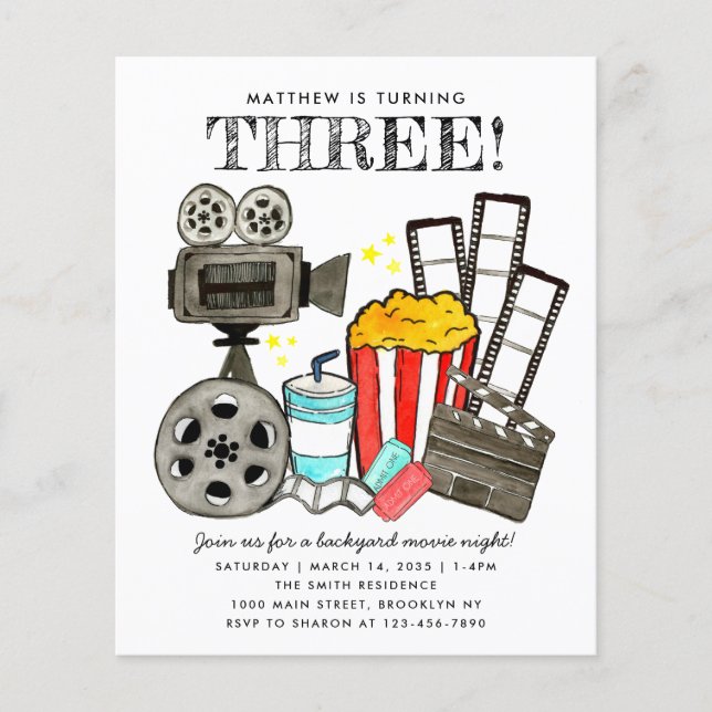 Budget Cinema Movie Night Party Kids Birthday Flyer (Front)