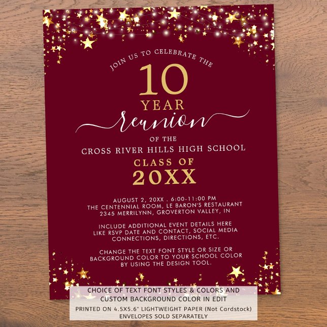 Budget Class Reunion Maroon Gold Stars Invitation (Creator Uploaded)